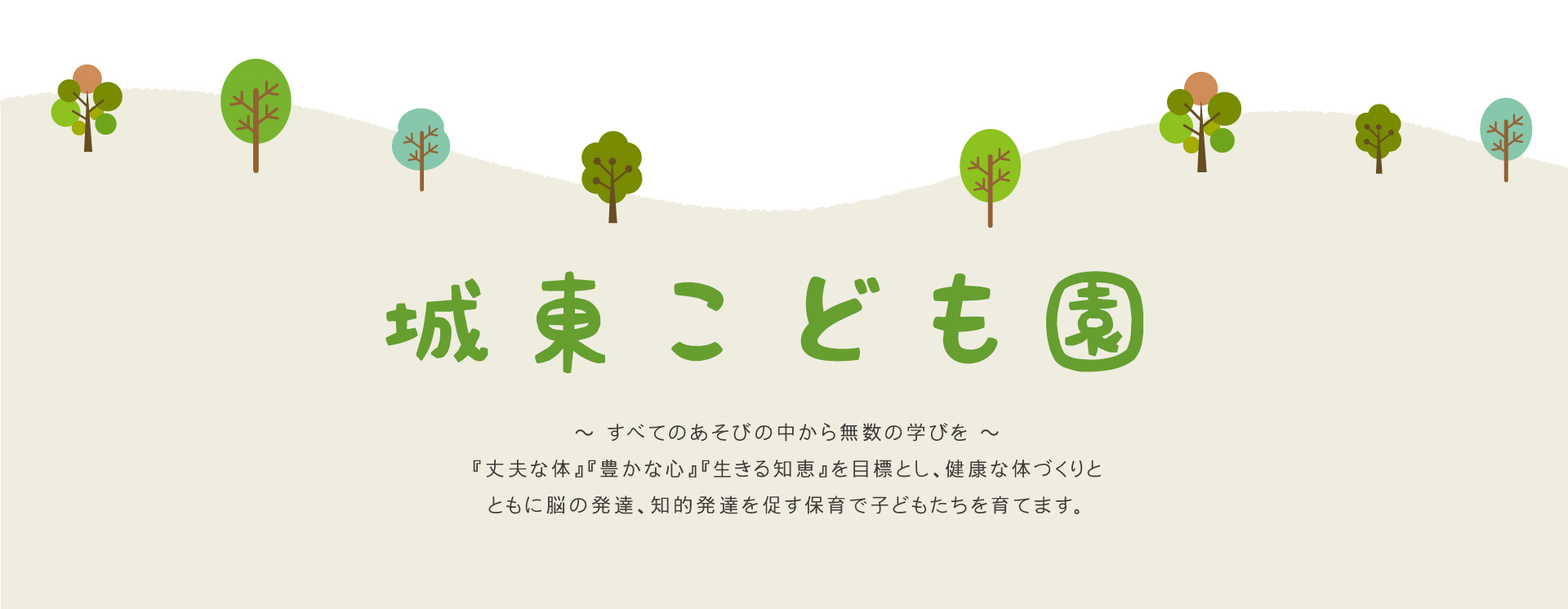 城東保育園 すべてのあそびの中から無数の学びを 『丈夫な体』『豊かな心』『生きる知恵』を目標とし、健康な体づくりと ともに脳の発達、知的発達を促す保育で子どもたちを育てます。