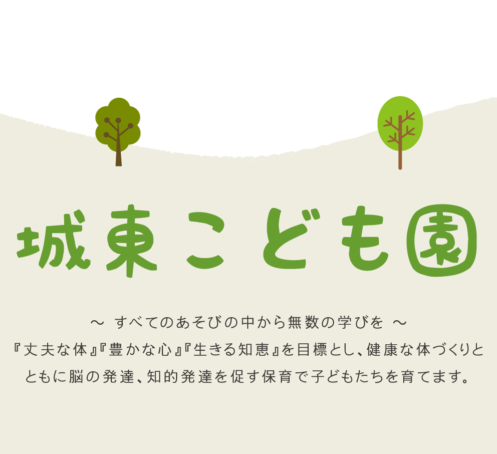 城東保育園 すべてのあそびの中から無数の学びを 『丈夫な体』『豊かな心』『生きる知恵』を目標とし、健康な体づくりと ともに脳の発達、知的発達を促す保育で子どもたちを育てます。